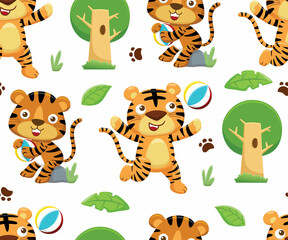 Poster - Seamless pattern vector of tiger cartoon playing ball with trees and leaves