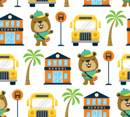 Wall Mural - Seamless pattern vector of school elements cartoon with funny bear