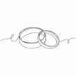 Continuous one line drawing of pair of wedding rings in silhouette on a white background. Linear stylized.