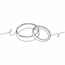Continuous One Line Drawing Of Pair Of Wedding Rings In Silhouette On A White Background. Linear Stylized.