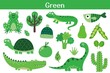 Green color objects set. Learning colors for kids. Cute elements collection. Educational background. Vector illustration