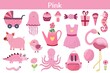 Pink color objects set. Learning colors for kids. Cute elements collection. Educational background. Vector illustration