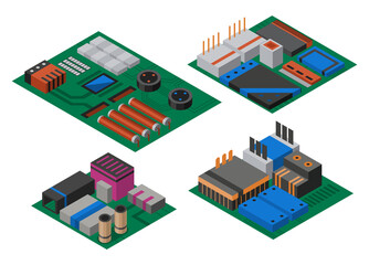 Aufkleber - Collection of isometric circuit boards with electronic components. Computer chips technology processor circuit and computer motherboards information system. Collection of technology equipments
