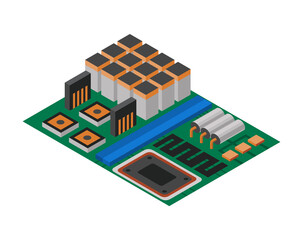 Aufkleber - Isometric circuit board with electronic components. Computer chip technology processor circuit and computer motherboard information system. Electronic 3D isolated composition