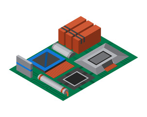 Aufkleber - Isometric circuit board with electronic components. Computer chip technology processor circuit and computer motherboard information system. Electronic 3D isolated composition