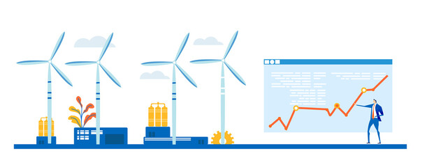 Wall Mural - Alternative energy concept illustration, wind turbine generators. Business team talking and making decisions next to wing turbines.