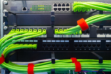 Poster - server equipment back view. lots of network cables are connected to server. close-up of hosting equi