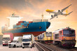 canvas print picture - cargo plane flying above container dock and ship port use for transportation and freight logistic industry business
