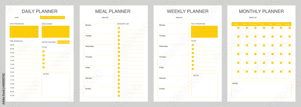 Set minimalis planner with yellow color, daily, meal planner, weekly ...