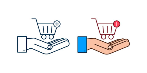 Poster - Add to cart icon with hands. Shopping Cart icon. Vector illustration.