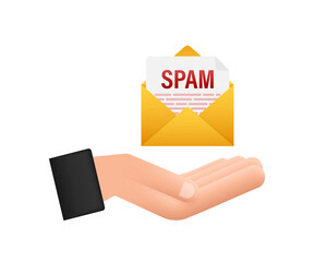 Wall Mural - No spam sign in hands. Spam Email Warning. Concept of virus, piracy, hacking and security. Envelope with spam. Vector illustration.