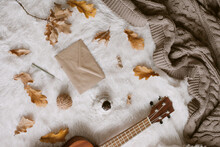 Christmas Flat Lay At Home With Hot Cocoa And Marshmallows, Knitted Blanket And Ukulele