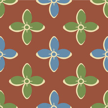 Simple Medieval Style Stylized Flowers Vector Pattern Background. Hand Drawn Blue Green Floral Motifs On Brown Backdrop. Geometric Historical Repeat. Natural Botanical All Over Print For Packaging