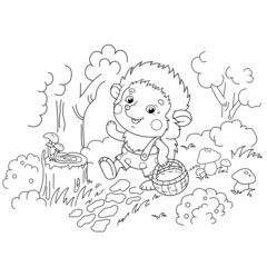 Wall Mural - Coloring Page Outline Of cartoon little hedgehog with a basket for mushrooms in the forest. Coloring Book for kids.