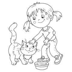 Wall Mural - Coloring Page Outline Of cartoon little girl with her cat. Pet. Coloring Book for kids.