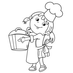 Wall Mural - Coloring page outline of cartoon girl chef with large pot. Little cook or scullion in apron and chef hat. Profession. Coloring Book for kids.