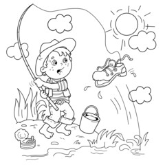 Wall Mural - Coloring Page Outline of cartoon funny Boy with fishing rod. Little fisher or fisherman with catch in the form of an old shoe. Coloring Book for kids.