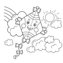 Sticker - Coloring Page Outline of cartoon cheerful fly kite high in the sky. Summer bright toy. Coloring Book for kids.