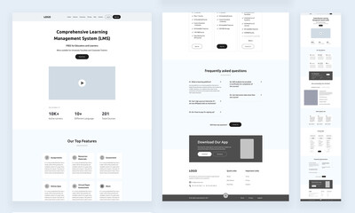 one-page website design template for lms landing page wireframe. learning management system ui templ