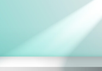 Wall Mural - 3d empty studio room with light shines from the window on stage soft blue minimal scene background