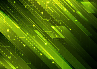 Poster - Abstract green diagonal stripes and circuit on dark background technology digital futuristic concept