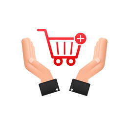 Sticker - Add to cart icon with hands. Shopping Cart icon. Vector illustration.