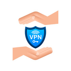 Wall Mural - Secure VPN connection concept with hands. Hnads holding vpn sign. Virtual private network connectivity overview. Vector stock illustration.