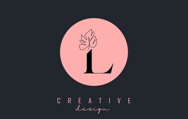 L letter logo design with Monstera leaf one line drawing on a pink circle background vector illustration.