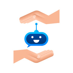 Poster - Cute smiling robot in hands.Vector modern flat cartoon character illustration. Voice support service bot.