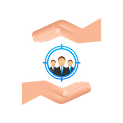 Wall Mural - Customer relationship management concept with hands. Organization of data on work with clients, CRM concept. Vector illustration.