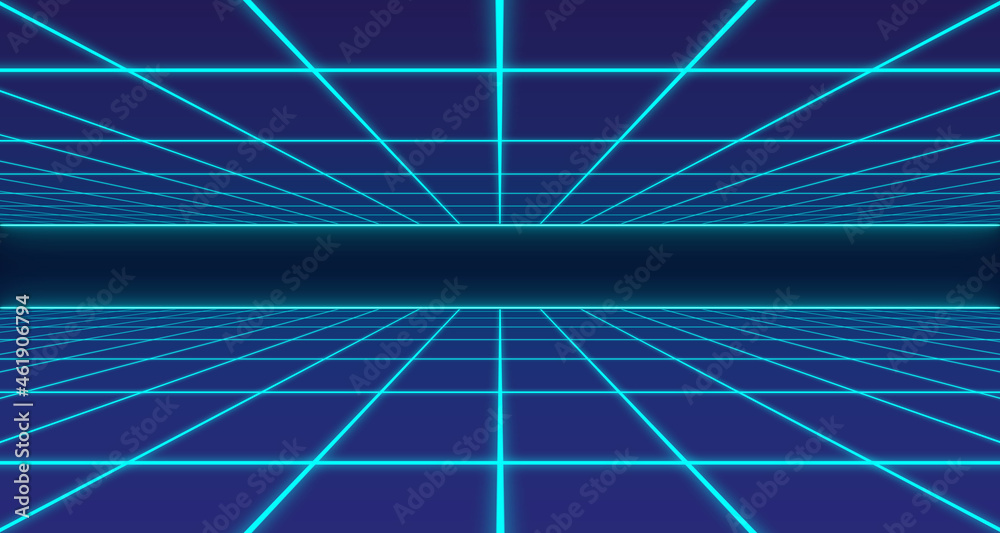 80s Retro Sci-Fi Background Futuristic Grid landscape. Digital cyber ...
