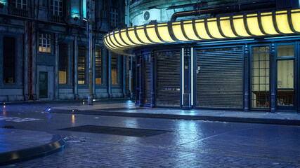 Aufkleber - 3D rendering of a seedy urban city street at night in a futuristic cyberpunk city.