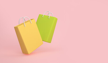 Paper bags on a pink background. Online shopping concept. 3D illustration