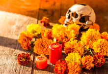 Skull, Candles And Cempasuchil Flowers Or Marygold. Day Of The Dead Concept Dia De Los Muertos