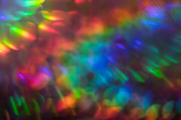 Abstract shiny foil glitter holographic out of focus rainbow gradient bokeh glowing background, texture effects created with camera