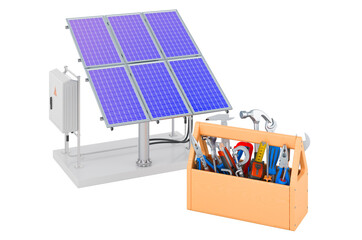 Solar panel with toolbox. Service and repair of solar panel, 3D rendering