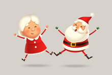 Mrs Claus And Santa Claus Jumping - Happy Expression - Cute Vector Illustration Isolated