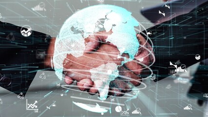 Poster - conceptual business handshake with dashboard for financial data analysis . 3d render computer graphi