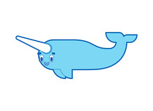 Cute Narwhal. Cartoon Small Arctic Whale With Horn.