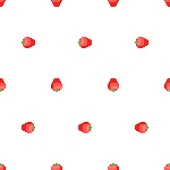 Wall Mural - Strawberry pixel art pattern seamless. 8 bit Red Berry pixelated background.