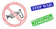 Mesh forbidden fishing image, and Stop War! blue and green rectangular rubber seals. Mesh carcass symbol is created from forbidden fishing pictogram.