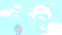 A Girl With Red Hair Flies With Balloons, Waving Her Arms And Legs Across The Blue Sky With White Clouds. Abstract Loop Animation With A Drawn Child Character.