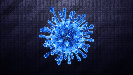 Wall Mural - Virus as 3D mesh is detected on dark hi-tech background in binary cyberspace during scan. 3D Illustration.