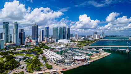 Wall Mural - panoramic aerial drone shot of Miami Beach, Florida with city, sky and clouds 
