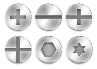 A set of screw, nuts, bolt and rivet head design elements. Vector illustration.