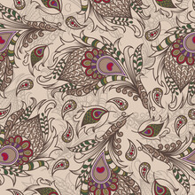 Vector Illustration. Ethnic Wallpaper From Decorative Feathers. Luxurious Seamless Pattern Of Peacock Feathers In Oriental, Indian Style. Background For Fabrics, Textiles, Postcards And Bed Linen.