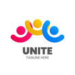 Unite logo template. Abstract group of people are holding their hands. Colorful emblem. Stock vector illustration.