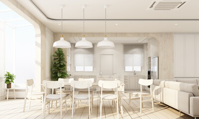 Poster - Indoor interior on wooden floor with white classic feature wall in large room at minimal house and sky light window of living dining and kitchen room with furniture set in cozy style 3d rendering