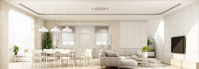 Poster - interior on wooden floor with white classic feature wall in large room at minimal house and sky light window of living dining and kitchen room with furniture set in cozy style 3d render panorama
