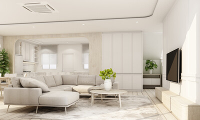 Poster - Indoor interior on wooden floor with white classic feature wall in large room at minimal house and sky light window of living dining and kitchen room with furniture set in cozy style 3d rendering